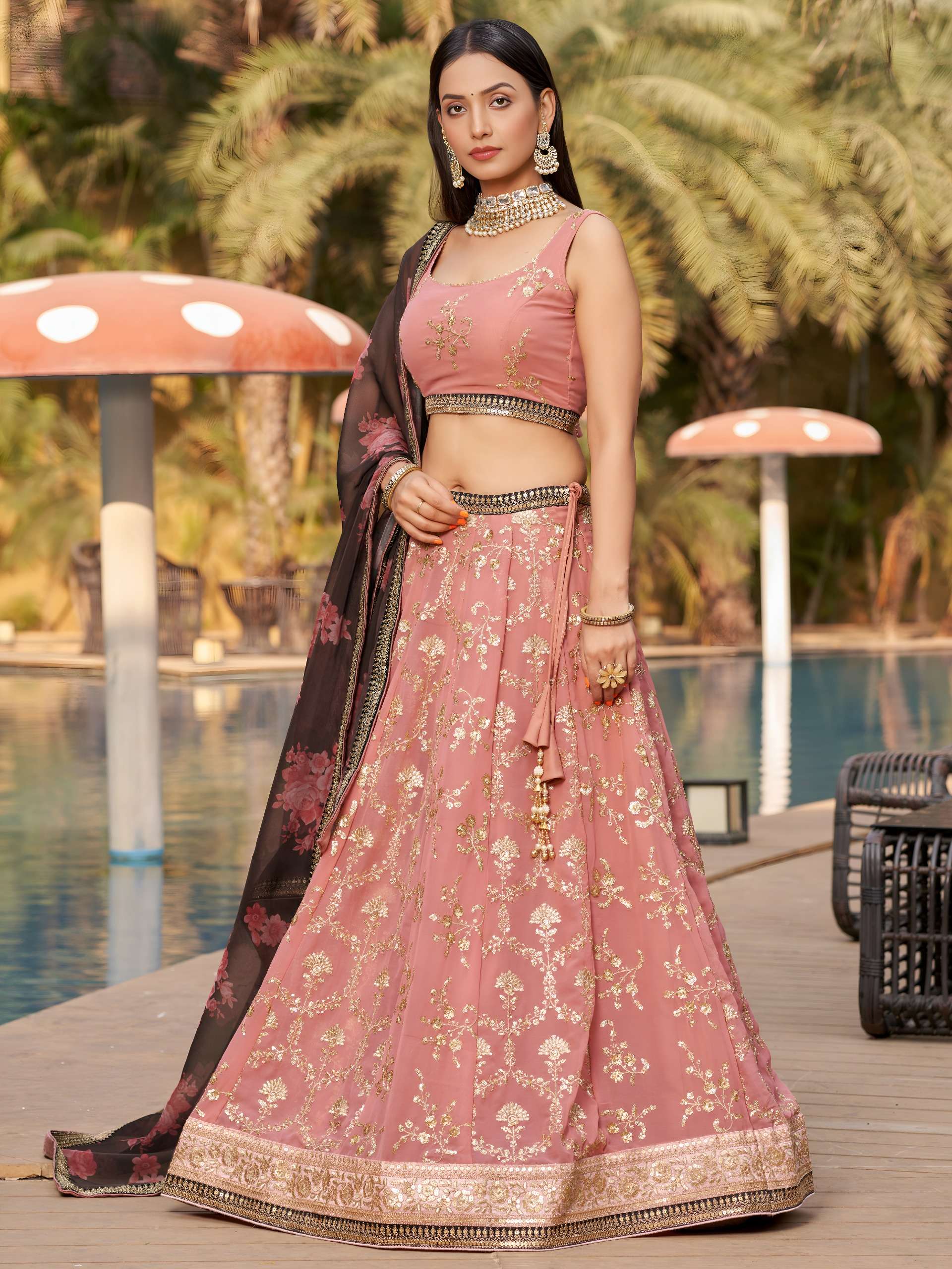  Rosewood Blush colour with Floral work on Georgette Elegance fabric Lehenga Choli wholesale in surat  8005 Pink 
